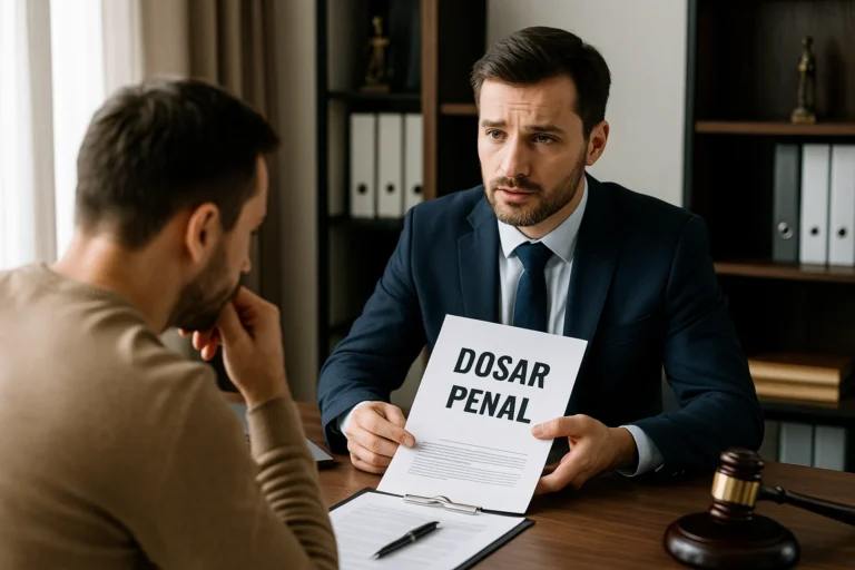 Avocat discută cu un client despre un dosar penal pentru alcool la volan, într-un birou elegant, cu documente pe masă