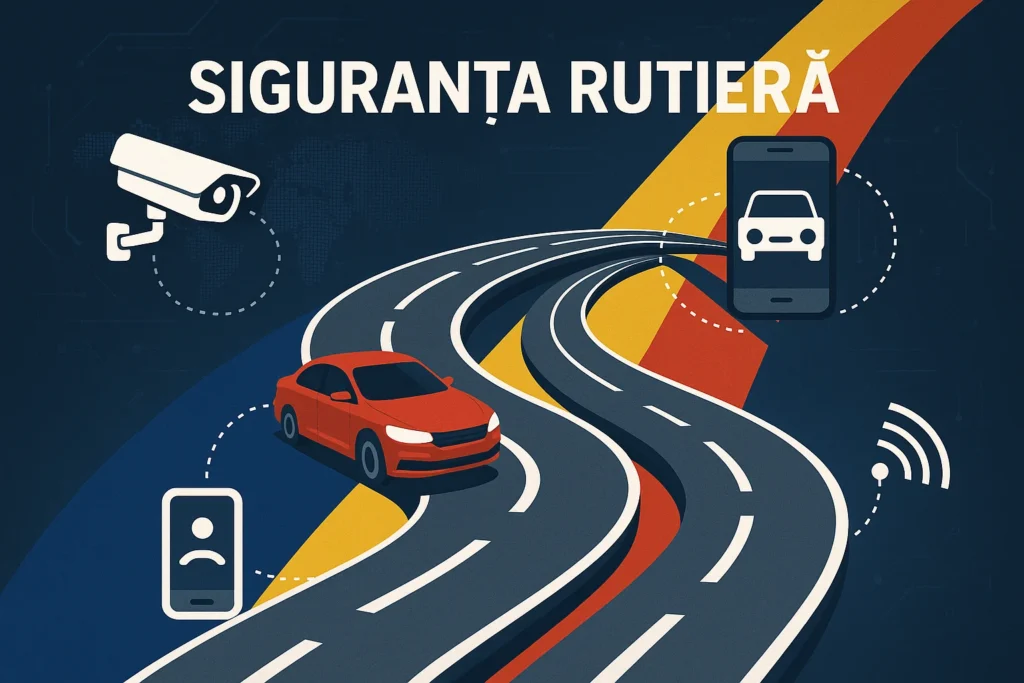 Tendințe 2025 în legislația rutieră: amenzi, contravenții și digitalizare - IonescuLaw, Avocati penalisti si daune accidente auto din Bucuresti Ilustrație abstractă cu tematică de siguranță rutieră și monitorizare digitală în culorile României