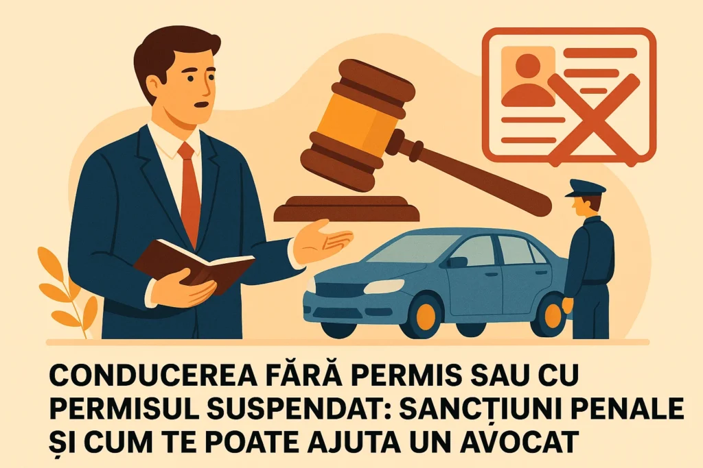 Conducerea fără permis – pedepse, sancţiuni şi cum te poate ajuta un avocat - IonescuLaw, Avocati penalisti si daune accidente auto din Bucuresti lustraţie stilizată a unui avocat care explică legea, un automobil oprit de un poliţist, un ciocan de judecător şi un permis tăiat – simbolizând sancţiunile pentru conducerea fără permis.