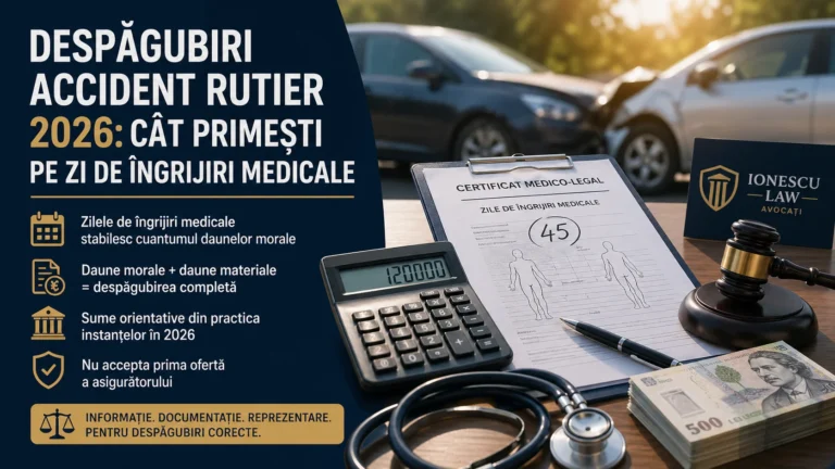 Imagine editorială despre despăgubiri accident rutier 2026, cu mașini avariate, certificat medico-legal, calculator, ciocan de judecător și simboluri juridice pentru daune morale și materiale.